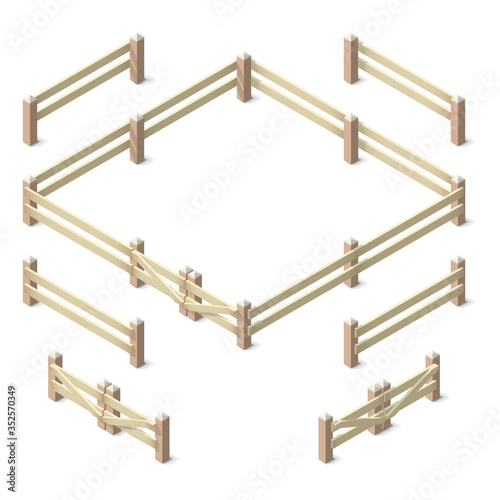 Isometric set of wooden fence with gates. Fencing constructor.