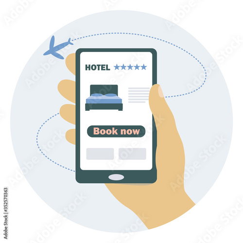 
Flat vector illustration on hotel reservation theme. Book a hotel room using a smartphone. Online booking, travel.