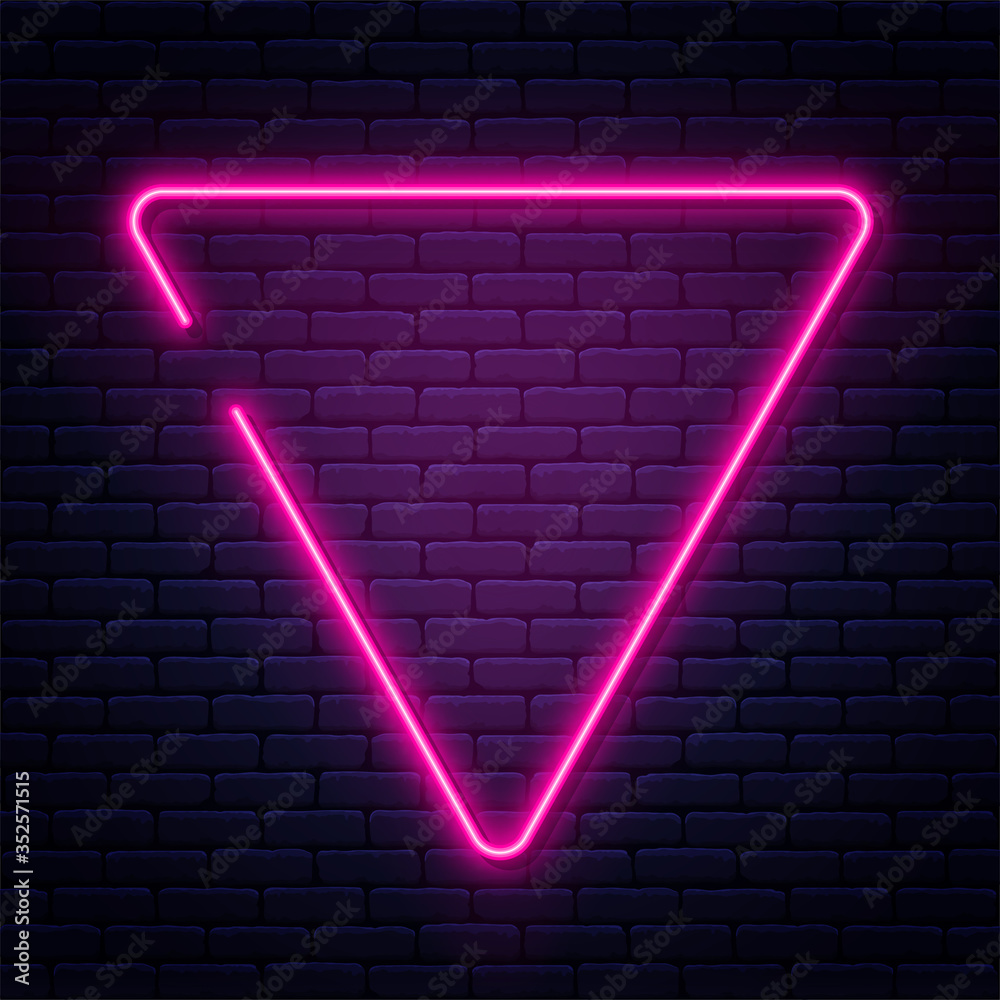 Neon sign in triangle shape. Bright neon light, illuminated triangle frame.  Glowing purple neon tube on dark background. Signboard or banner template  in 80s and 90s style Stock Vector | Adobe Stock