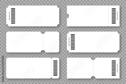Set of blank tickets, coupons and vouchers with ruffle edges. Ticket and voucher mockups, white cardboard texture. Concert and cinema ticket, discount voucher and gift coupon template