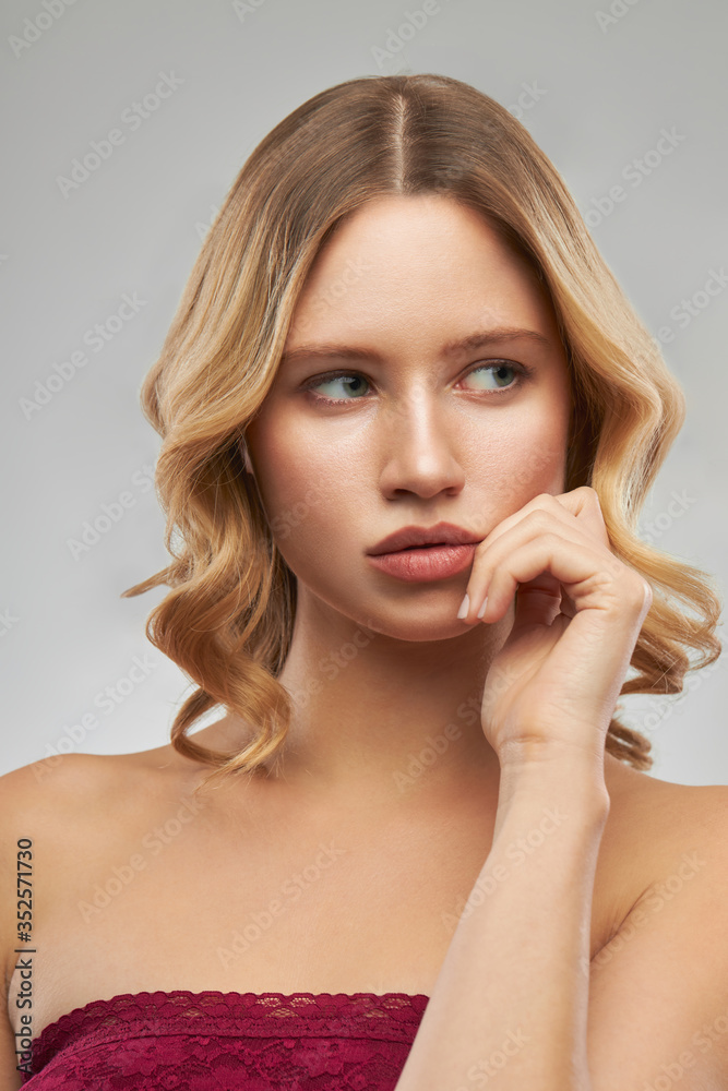 Beautiful face of young attractive blonde with nude makeup. Beautiful face of young attractive blonde with nude makeup.