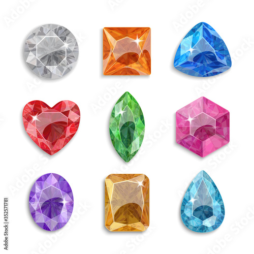 Gems of different shapes. Set of multi-colored crystals. Jewelry.