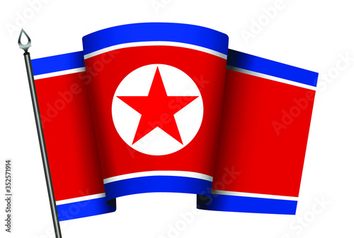 North Korean flag. Waving on flagpole. Vector illustration on white background.