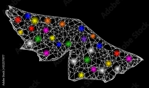 Web mesh vector map of Acre State with glare effect on a black background. Abstract lines, light spots and dots form map of Acre State constellation.