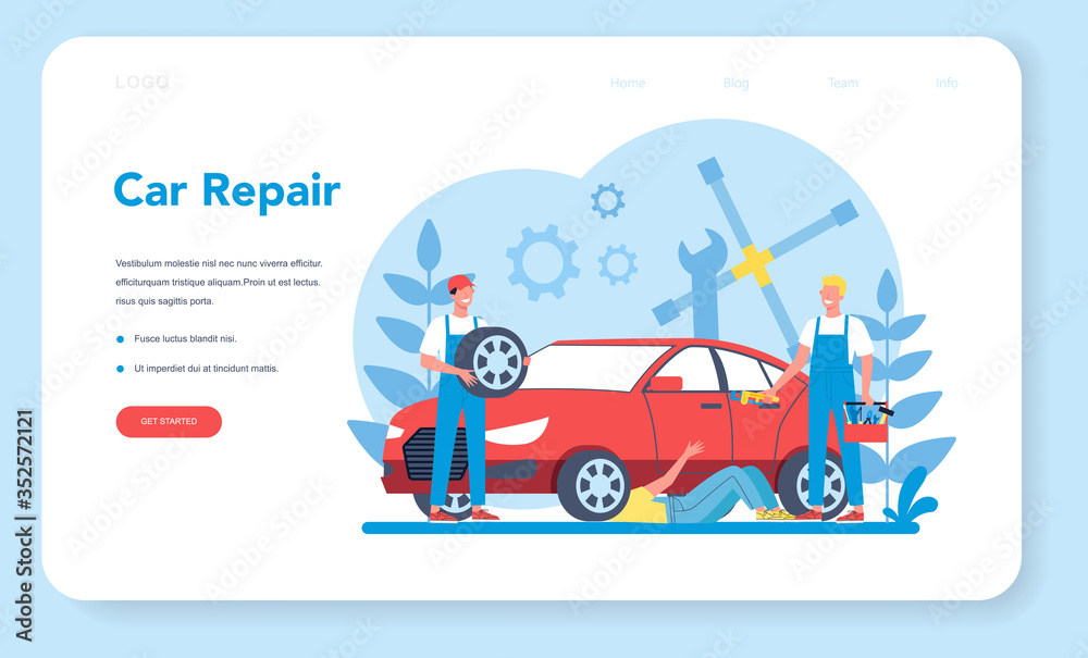 Naklejka premium Car service web banner or landing page. People repair car using