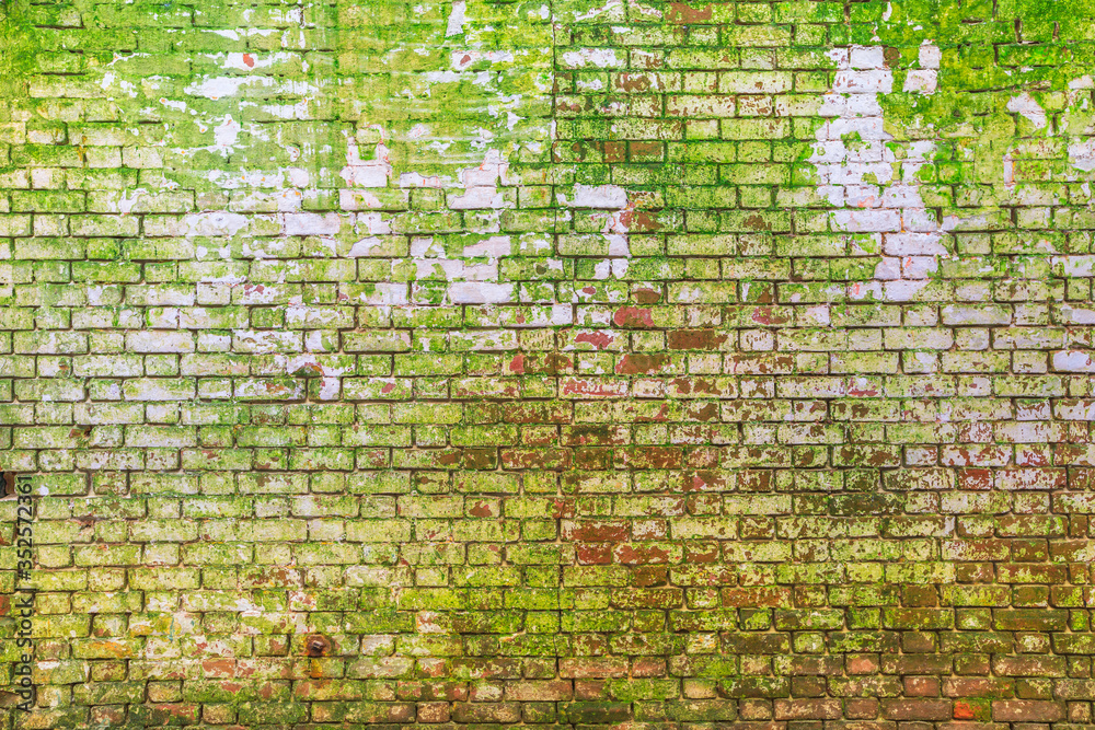 Old ruined bricks wall background with fouling and moss. ruinous wall wreck texture for tapestry and wallpaper. Copy space on bricks wall. Old ruined bricks wall background with fouling and moss. ruinous wall wreck texture for tapestry and wallpaper. Copy space on bricks wall.