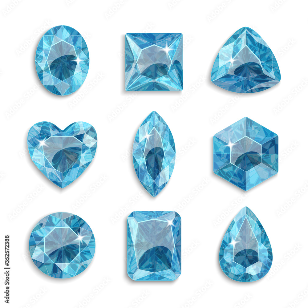Fototapeta premium Gems of different shapes. Set of light blue crystals. Jewelry.