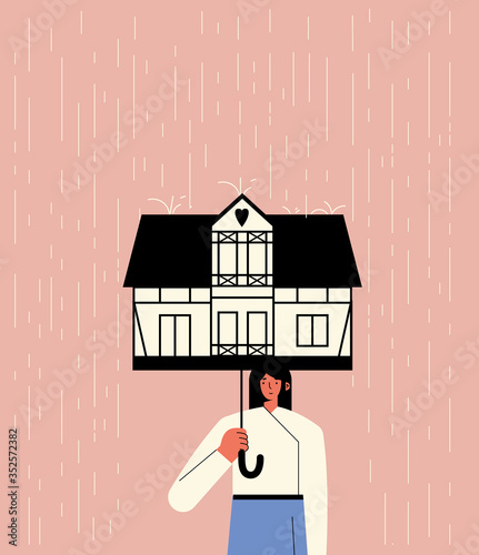 Vector Illustration of a girl under the umbrella under the umbrella in the form of hose on a rainy day. Flat style illustration. Concept of self isolation, social distancing, quarantined isolation.