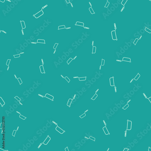 Green Hacksaw icon isolated seamless pattern on green background. Metal saw for wood and metal. Vector Illustration.