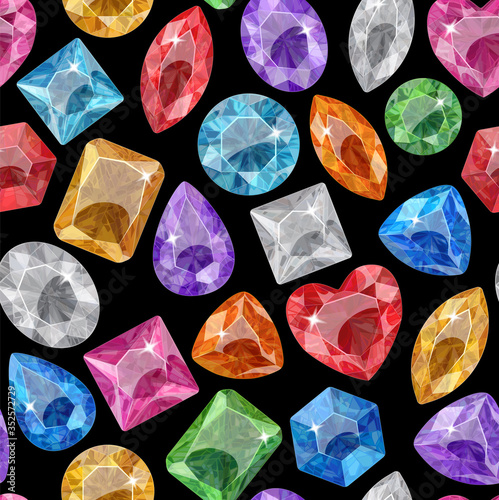 Pattern with multi-colored crystals on a black background. Gems of different shapes.