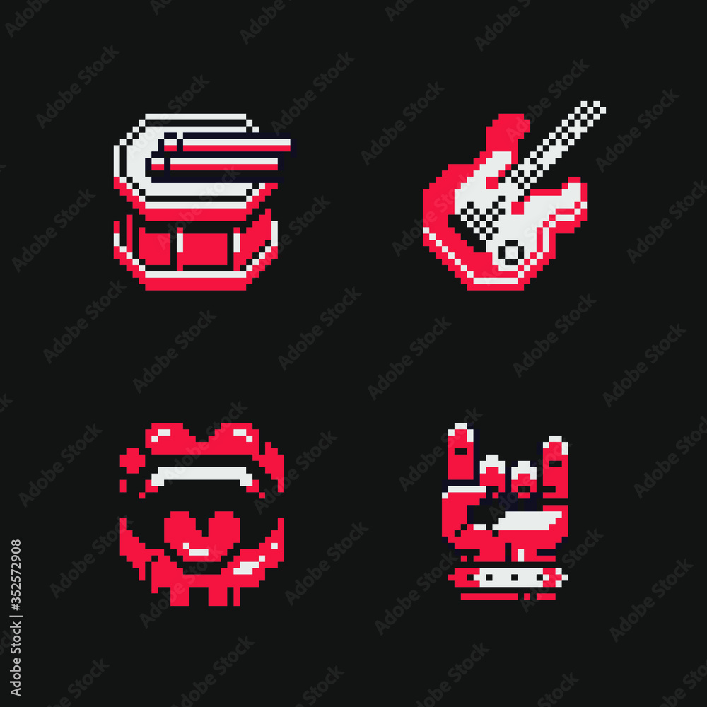 Vetor de 2bit let's rock, pixel art icons set, drum and sticks, guitar