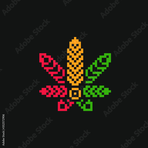 Cannabis sign. Hemp leaf symbol pixel art icon. Marijuana leaf. Medical cannabis plant. Graphic design element for printables, web, prints, t-shirt. Isolated vector illustration. Game assets.
