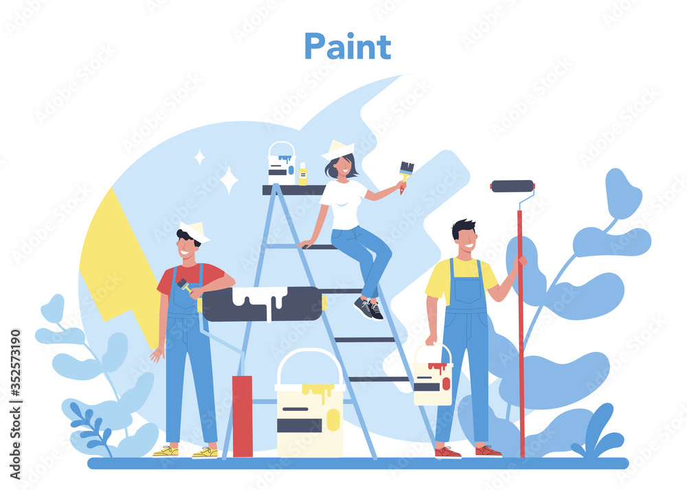 Painter concept. People in the uniform paint the wall with paint roller.