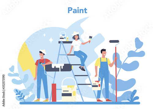 Painter concept. People in the uniform paint the wall with paint roller.