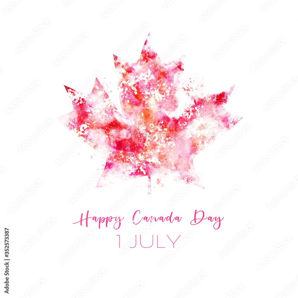 Canadian National Holiday. 1 July. Happy Canada Day greeting card. Celebration background with maple silhouette in watercolor style.