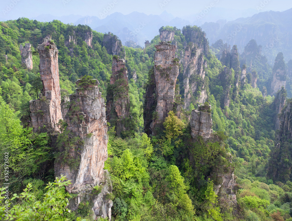 Panoramic aerial mountain view in Zhangjiajie National Forest Park at Wulingyuan Scenic Area, Hunan province of China