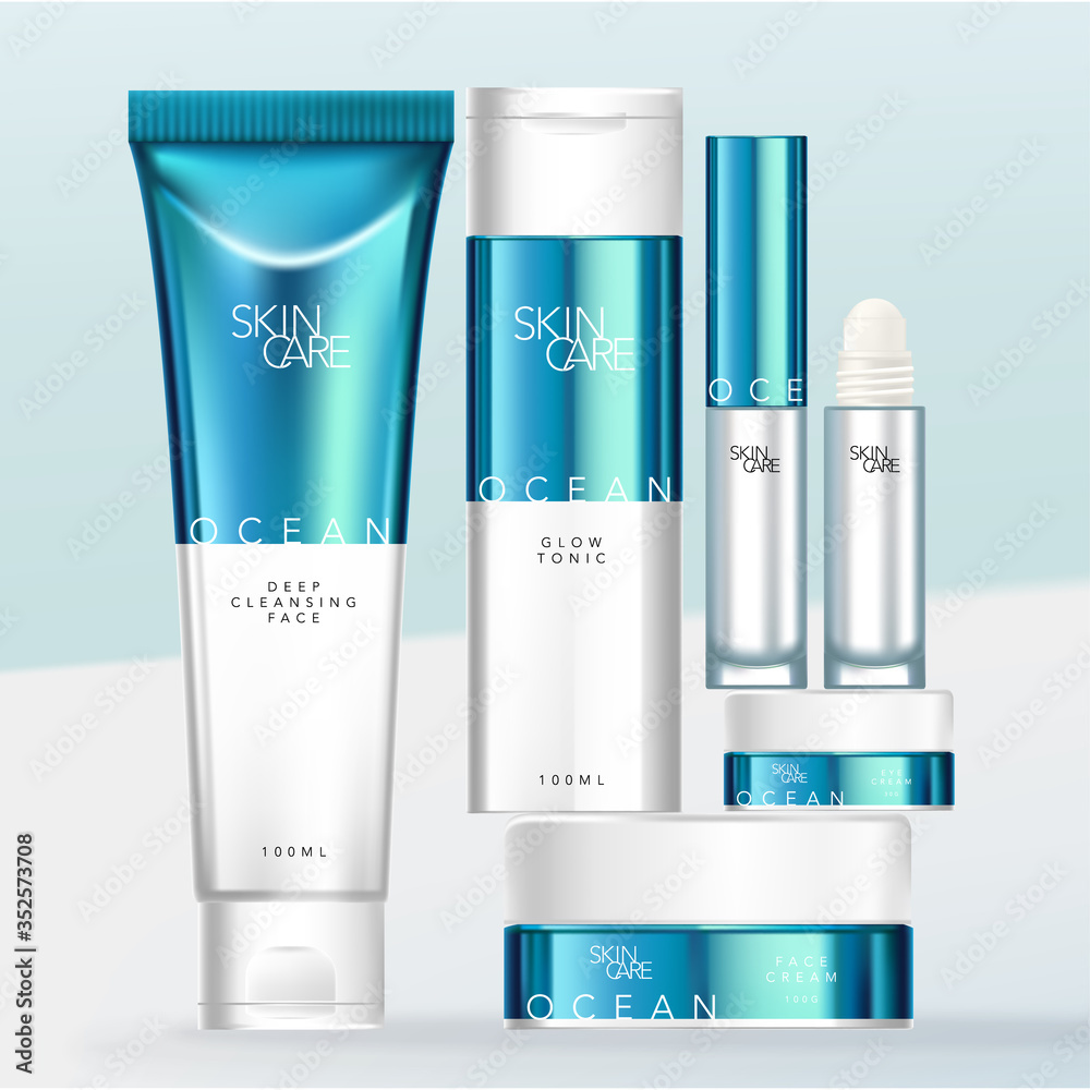Vector Metallic Blue & White Design Beauty, Medical Skincare or Toiletries Packaging Set with Roll on Fragrance or Deodorant Mini Glass Bottle, Tube, Flip Cap Bottle and Screw Cap Jar.