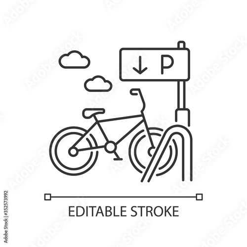 Bicycle parking rack pixel perfect linear icon. Ecological transportation. Navigation for bike. Thin line customizable illustration. Contour symbol. Vector isolated outline drawing. Editable stroke