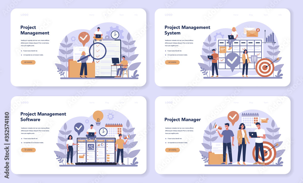 Project management web banner or landing page set. Successful