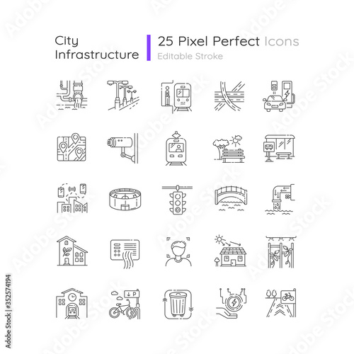 Urban infrastructure pixel perfect linear icons set. Public service. Passenger transport. Customizable thin line contour symbols. Isolated vector outline illustrations. Editable stroke