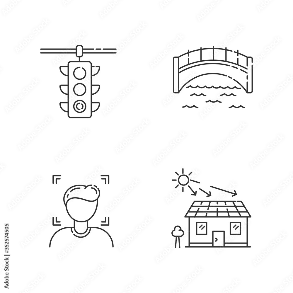 Urban regulation pixel perfect linear icons set. Face recognition. Traffic light. Bridge for walkway. Customizable thin line contour symbols. Isolated vector outline illustrations. Editable stroke