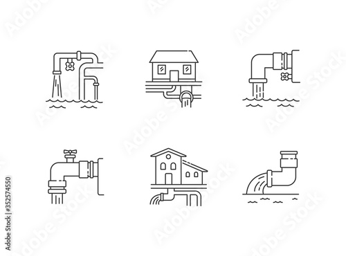 Drainage pipe system pixel perfect linear icons set. Home sanitation service. House utility. Customizable thin line contour symbols. Isolated vector outline illustrations. Editable stroke photo