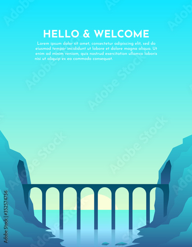 Transport bridge over river, sea, lake, ocean, tunnel in mountains. Abstract image of a sunset or dawn sun over the mountains at the background and river or lake at the foreground. Mountain landscape.