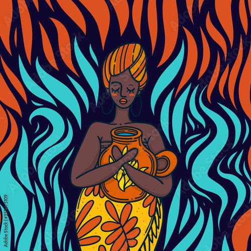 African woman in a bright dress on fire.