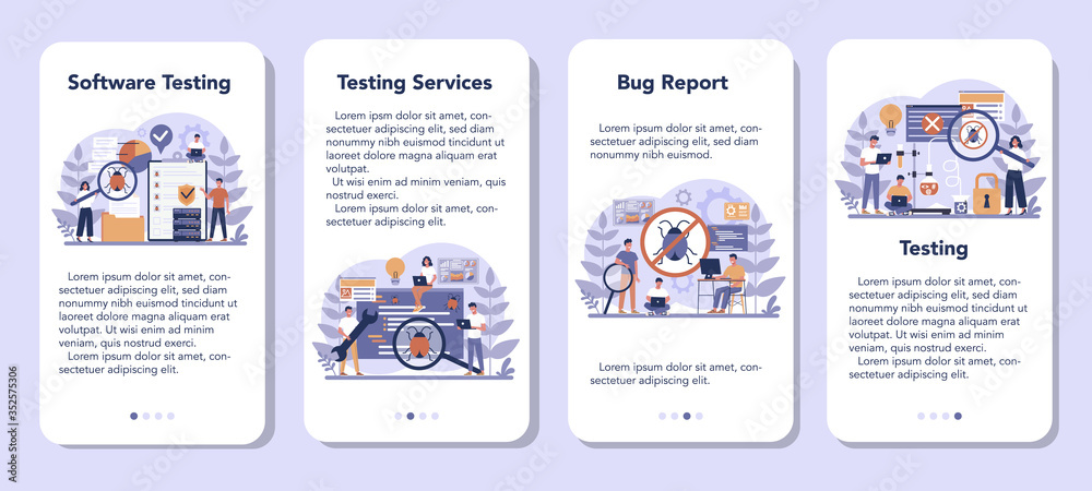 Testing software mobile application banner set. Application or website