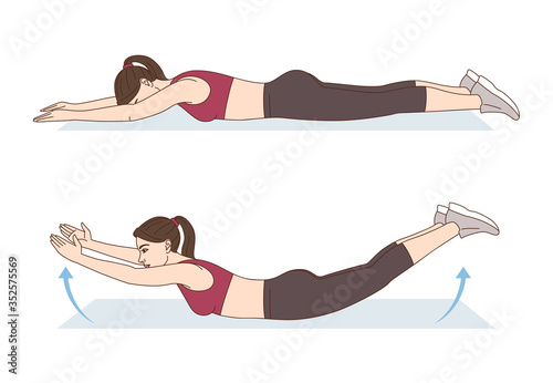 A woman is doing sports exercises. Superman stretch. Workout for back and abs. Fitness for weight loss.
