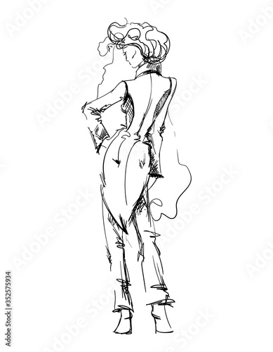 Hand drawn fashion young lady on white isolated background. Woman model one line drawing art sketch. Girl in female tailcoat, suit. Beauty outline figure. Continuous style. Vector stock illustration.