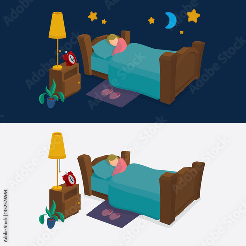 Sleeping woman in bed. Cartoon style female character peacefully resting in her bad. Good night sleep concept metaphor.  Part of set.