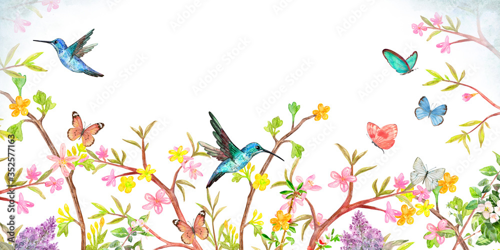 banner with stylized spring blooming bushes. border with flying birds and butterflies for your design. watercolor painting