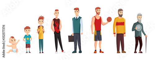 Male different age. Newborn baby, teenage boy and student ages, adult man and old grandfather. People generations or male aging process. Kid, student and adult man, life cycle
