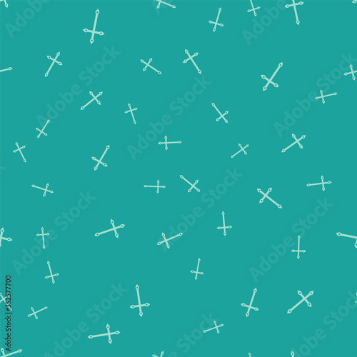 Green Christian cross icon isolated seamless pattern on green background. Church cross. Vector Illustration.