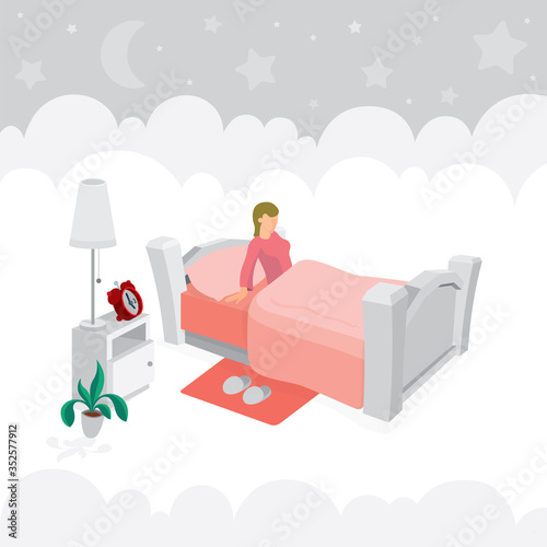 Young woman is sitting on the bed with night sky, moon and stars on background. Female character sitting in bed after waking up. Part of set.