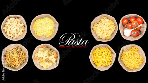 Pasta of different varieties in hosiery bags. Close-up. Isolated background. Concept for food advertising with copy space for individual text.