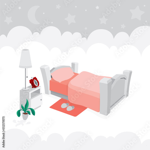 Good sleep and awake concept metaphor. White bedroom. Bed in clouds and night sky with moon and stars on background. Part of set. 