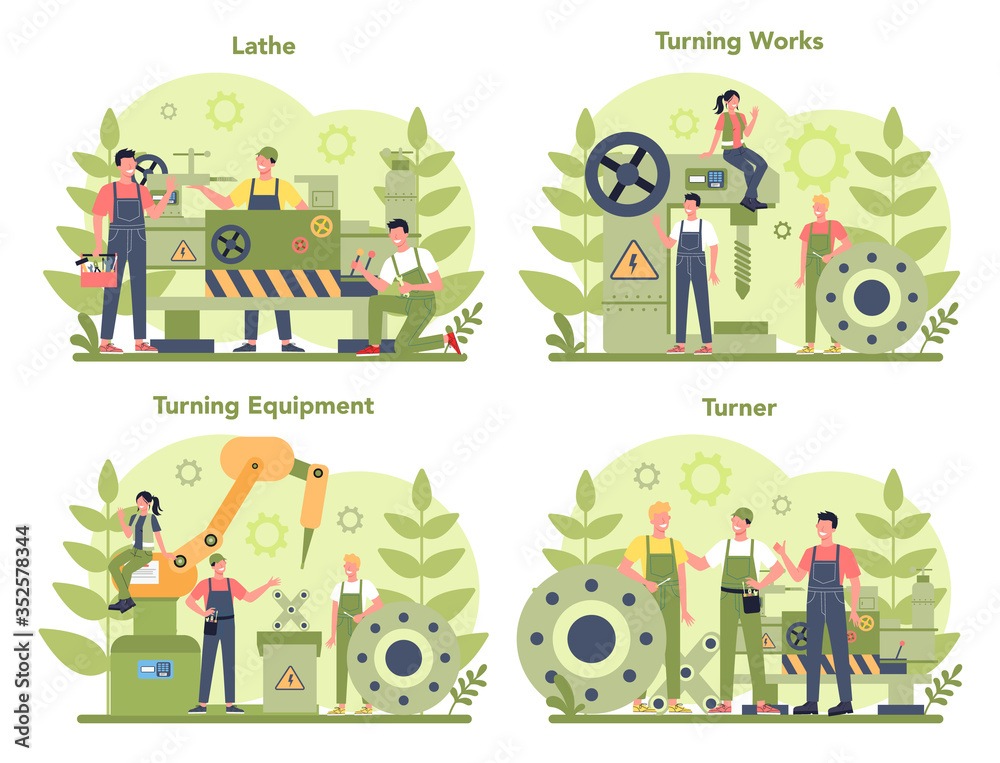 Fototapeta premium Turner or lathe concept set. Factory worker using turning machine