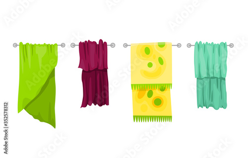 Bath towel. Cartoon towels vector set. Cloth towel for bath, illustration of cartoon fabric towel for hygiene