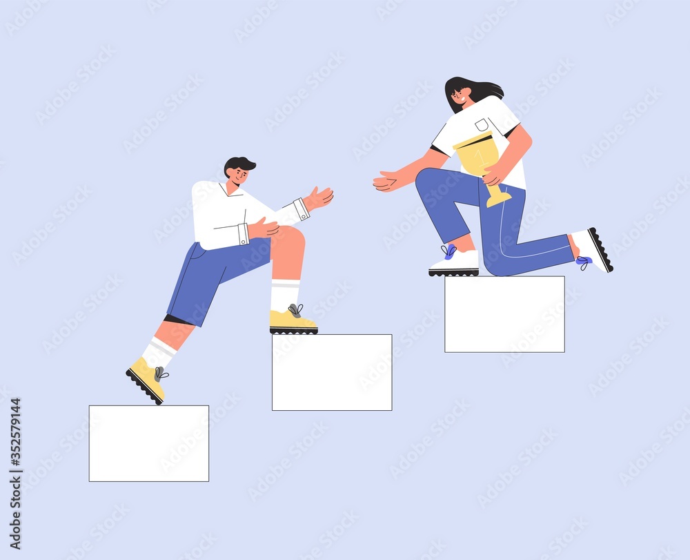 The concept of career ladder and business success, team building or teamwork. Colleagues partners help each other in business. Men and a woman climb the stairs and hold a Cup. Flat vector illustration The concept of career ladder and business success, team building or teamwork. Colleagues partners help each other in business. Men and a woman climb the stairs and hold a Cup. Flat vector illustration