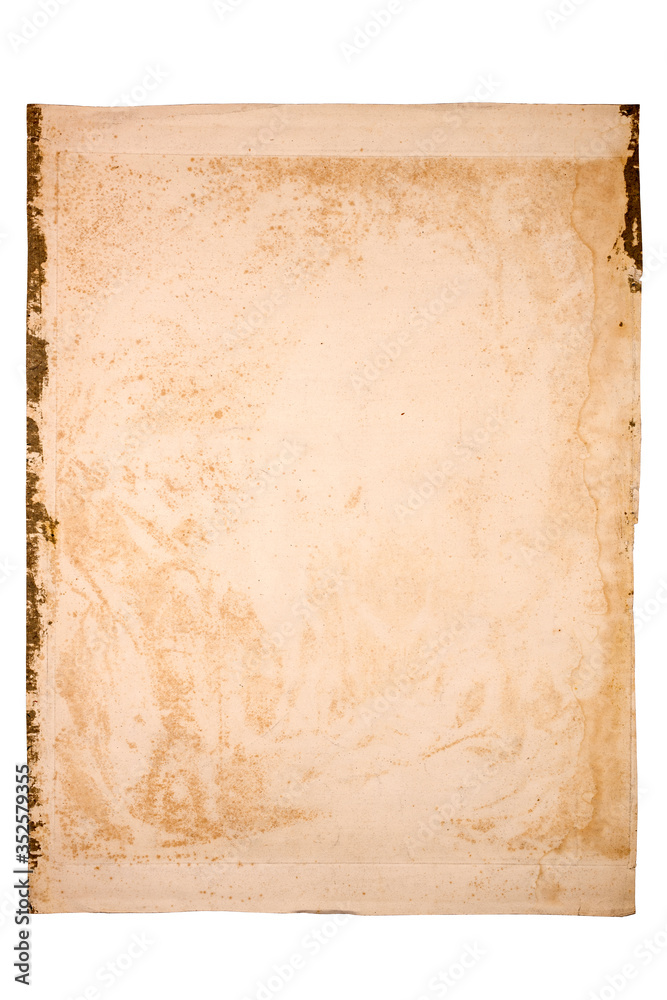 Reverse side of an old print isolated on white with clipping path at ALL sizes.