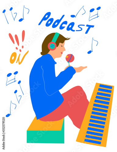Male podcaster holding microphone, broadcaster at workspace isolated cartoon character. Home education, young musician doodle drawing. Cartoon vector in flat style. Piano and notes around boy