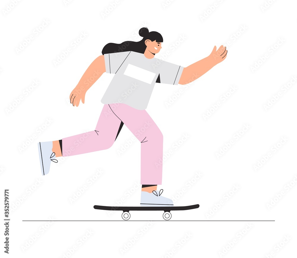 Obraz premium Young happy smiling Girl skateboarder rides a skateboard. Vector illustration in a flat style on a white background.