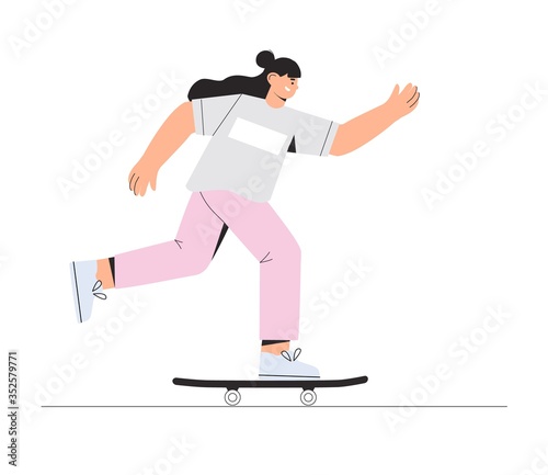Young happy smiling Girl skateboarder rides a skateboard. Vector illustration in a flat style on a white background.