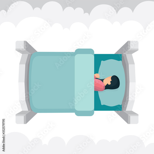 Top view of sleeping woman in bed with clouds on background. Cartoon style female character peacefully resting in her bad. Good night sleep concept metaphor.  Part of set.