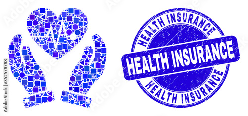 Geometric heart surgery care hands mosaic pictogram and Health Insurance stamp. Blue vector rounded distress seal stamp with Health Insurance caption.