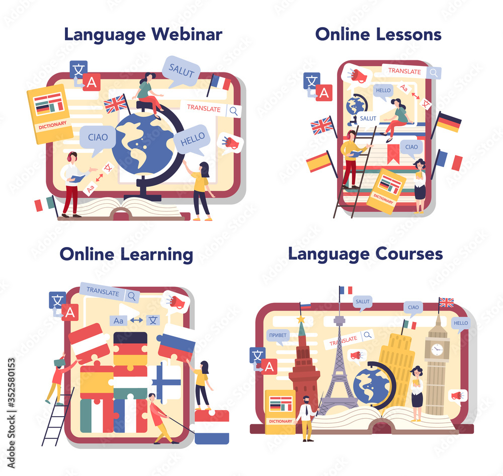 Language learning online service or platform set. Study foreign