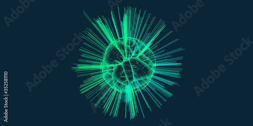 Abstract background with breaking sphere of polygonal pieces on dark. Vector illustration.