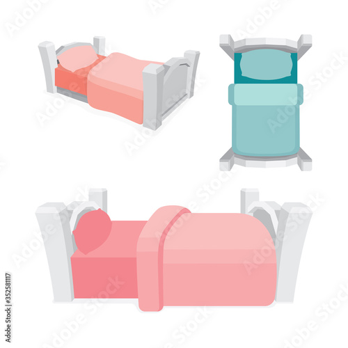 Bed. Cartoon style wooden bed vector illustrations set. Bed views in different sides. 